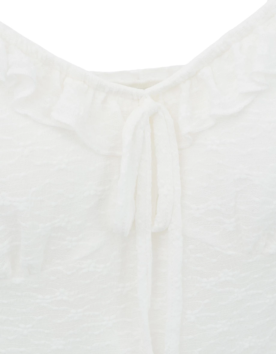 Ruffle Trim Tie Front Lace Textured Padded Tiered Mini Dress Ruffle Trim Tie Front Lace Textured Padded Tiered Mini Dress