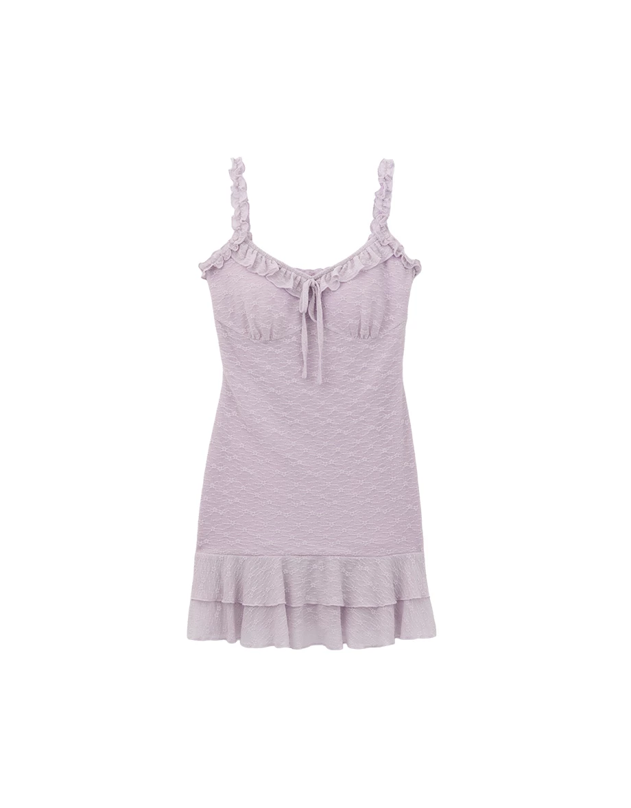 Ruffle Trim Tie Front Lace Textured Padded Tiered Mini Dress