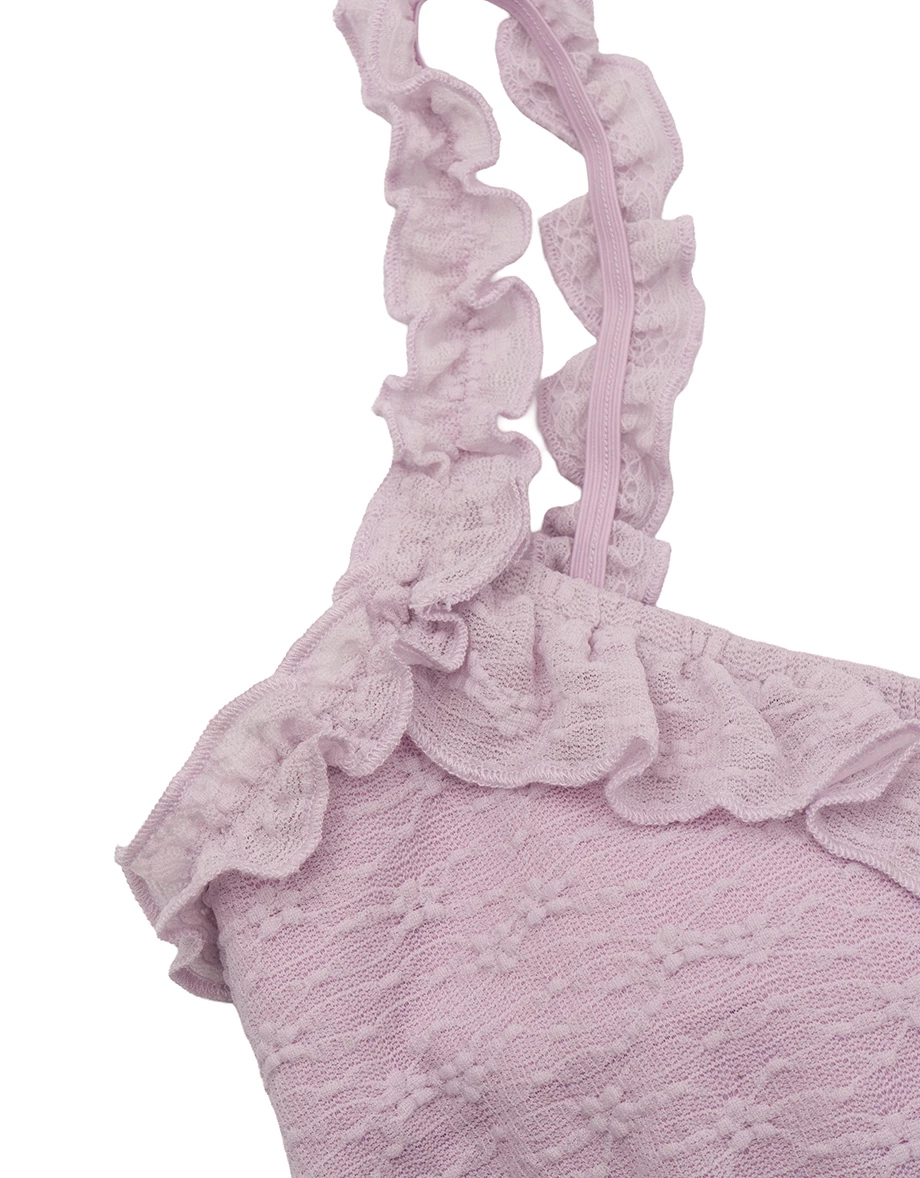 Ruffle Trim Tie Front Lace Textured Padded Tiered Mini Dress