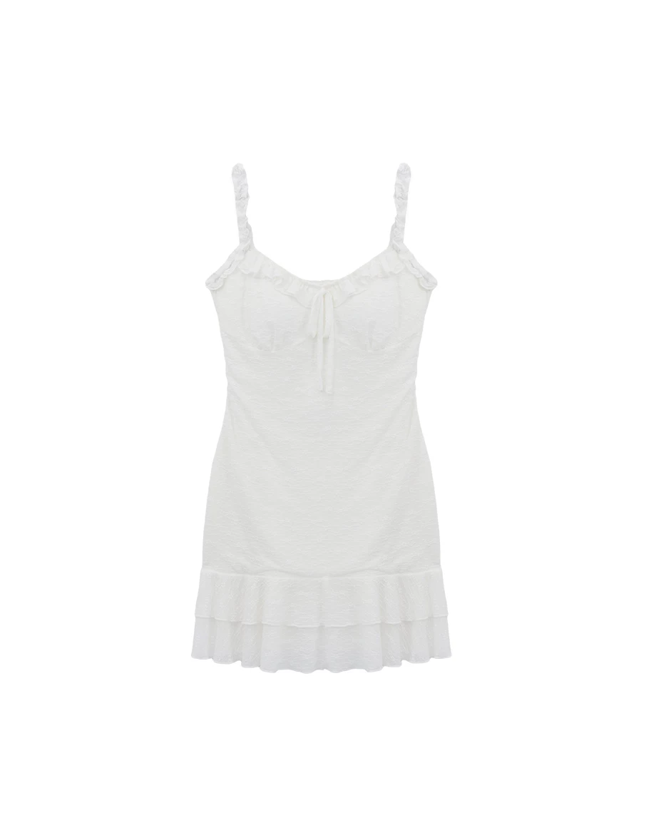 Ruffle Trim Tie Front Lace Textured Padded Tiered Mini Dress Ruffle Trim Tie Front Lace Textured Padded Tiered Mini Dress