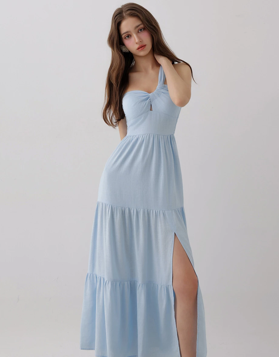 【Online Exclusive】Asymmetric One Shoulder Twist Knot Slit Padded Tiered Maxi Dress