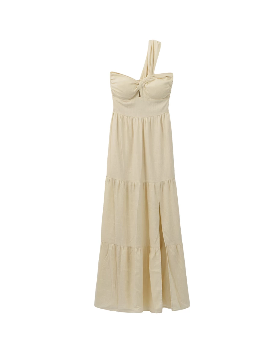 【Online Exclusive】Asymmetric One Shoulder Twist Knot Slit Padded Tiered Maxi Dress
