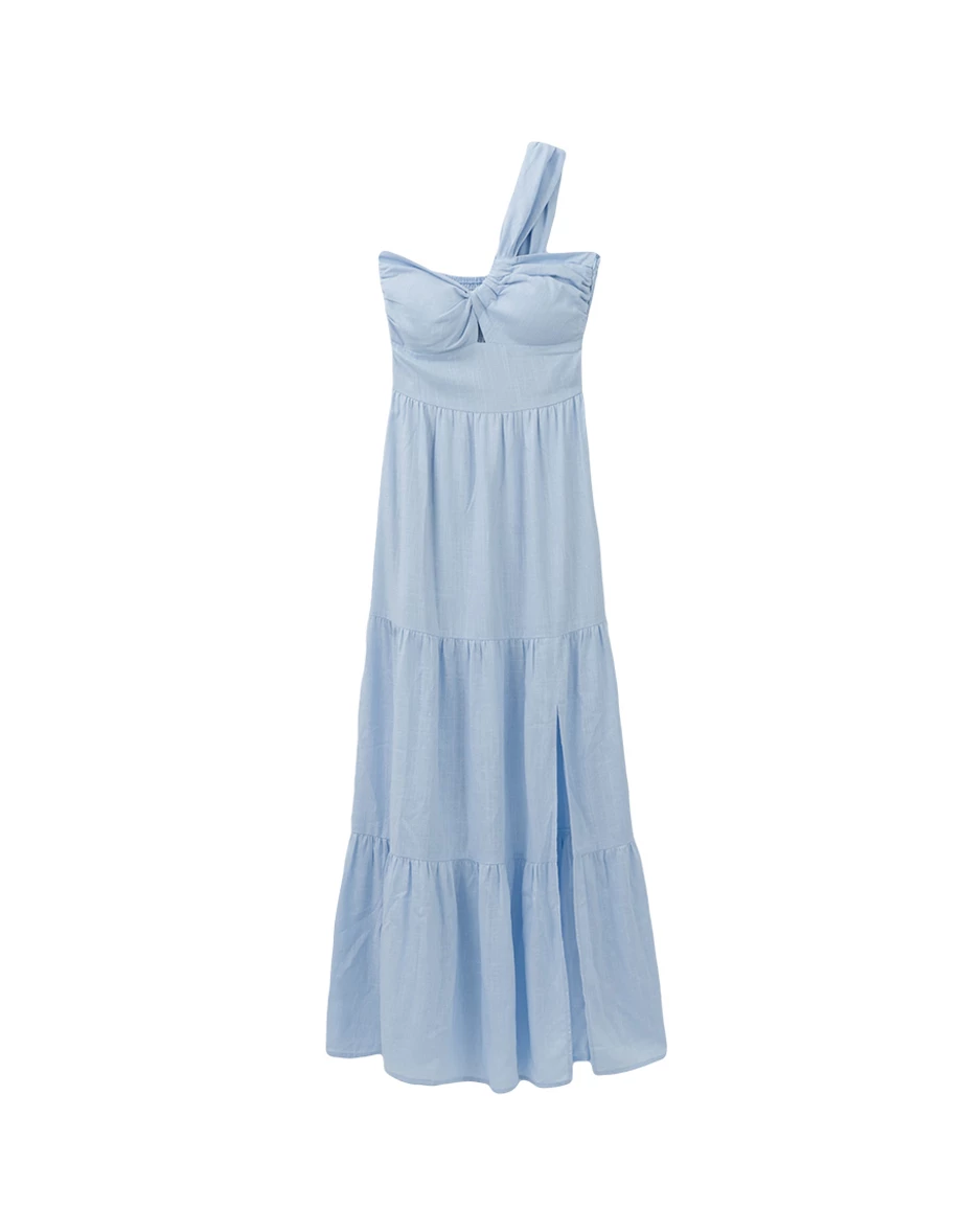 【Online Exclusive】Asymmetric One Shoulder Twist Knot Slit Padded Tiered Maxi Dress