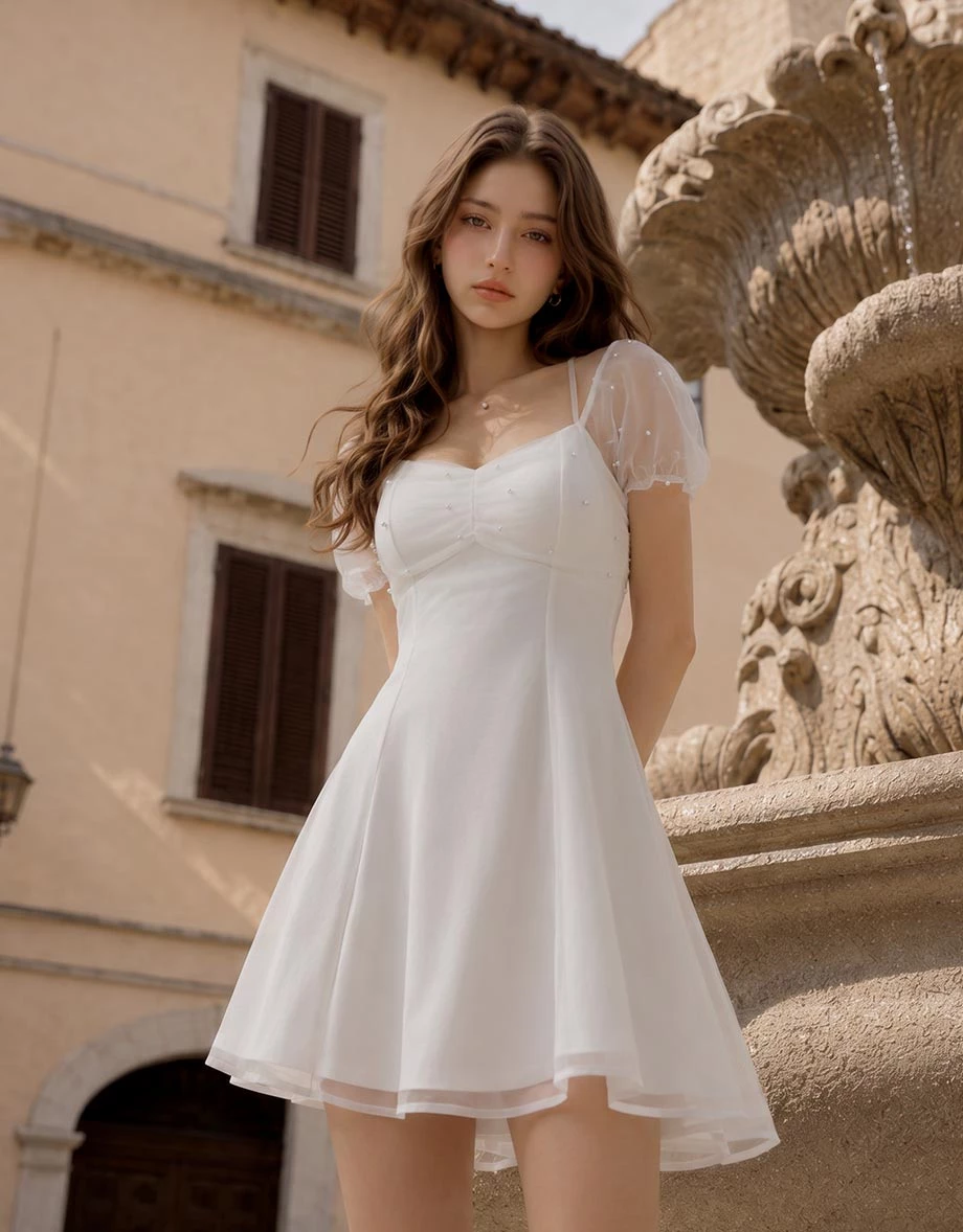 Pearl Embellished Sheer Puff Sleeve Halter Tie Padded Mini Dress