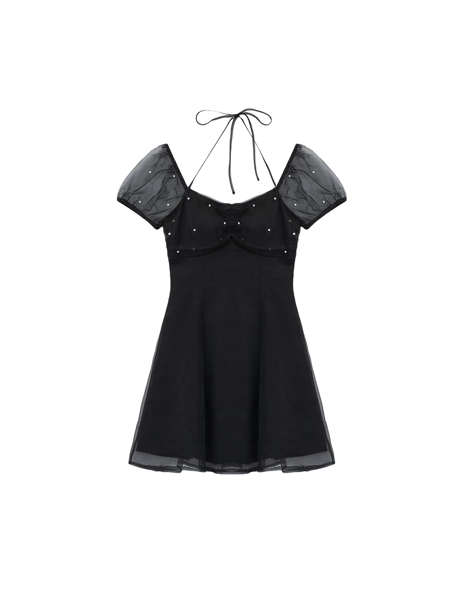 Pearl Embellished Sheer Puff Sleeve Halter Tie Padded Mini Dress Pearl Embellished Sheer Puff Sleeve Halter Tie Padded Mini Dress
