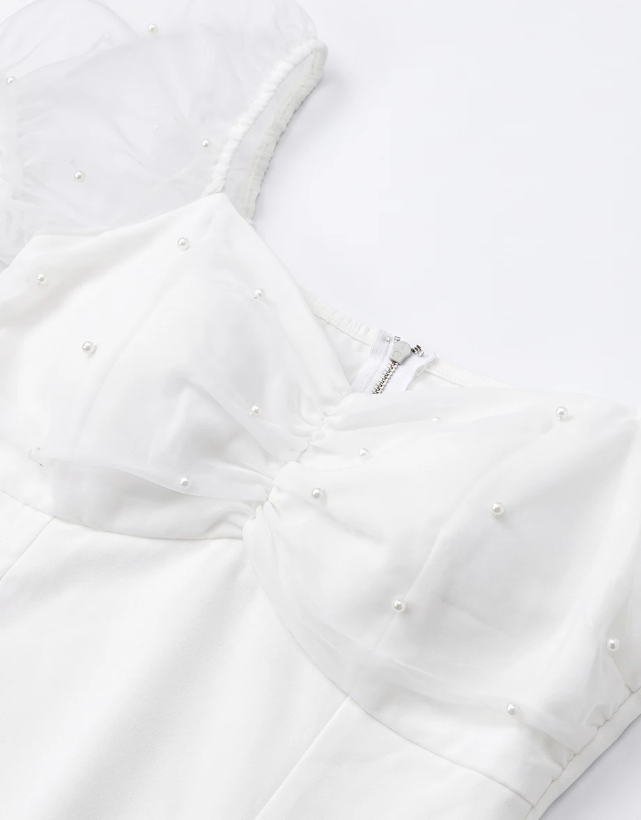 Pearl Embellished Sheer Puff Sleeve Halter Tie Padded Mini Dress Pearl Embellished Sheer Puff Sleeve Halter Tie Padded Mini Dress