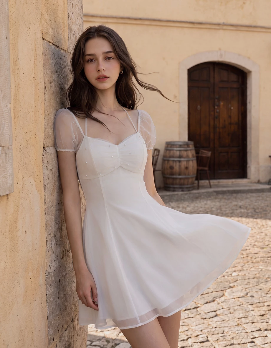 Pearl Embellished Sheer Puff Sleeve Halter Tie Padded Mini Dress Pearl Embellished Sheer Puff Sleeve Halter Tie Padded Mini Dress