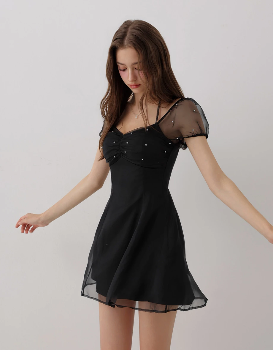 Pearl Embellished Sheer Puff Sleeve Halter Tie Padded Mini Dress Pearl Embellished Sheer Puff Sleeve Halter Tie Padded Mini Dress