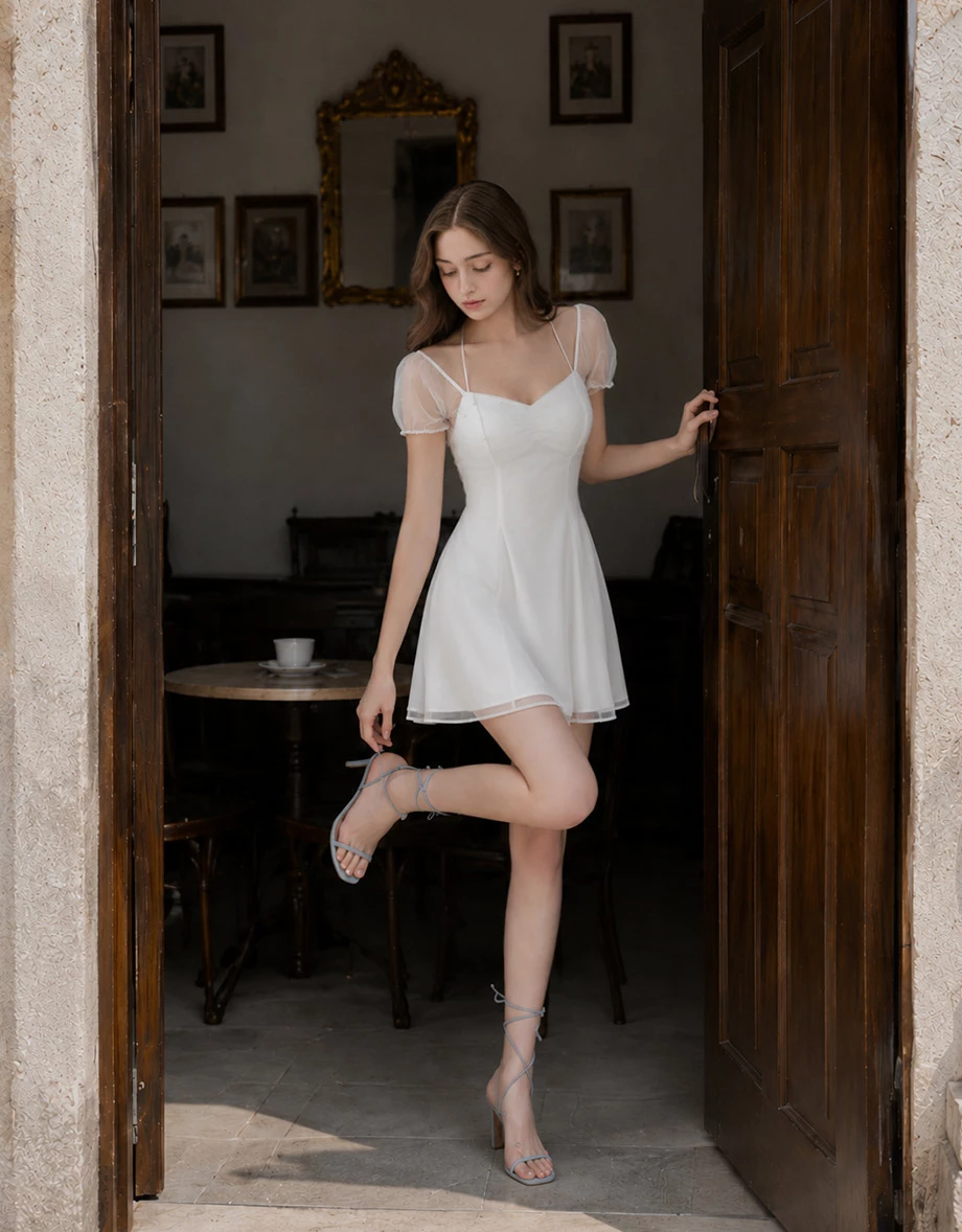 Pearl Embellished Sheer Puff Sleeve Halter Tie Padded Mini Dress Pearl Embellished Sheer Puff Sleeve Halter Tie Padded Mini Dress