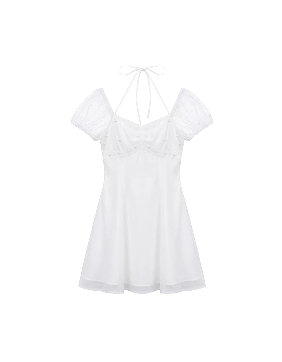 Pearl Embellished Sheer Puff Sleeve Halter Tie Padded Mini Dress Pearl Embellished Sheer Puff Sleeve Halter Tie Padded Mini Dress