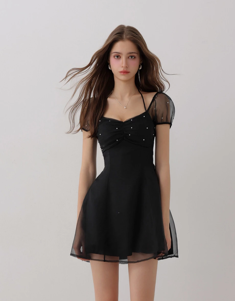 Pearl Embellished Sheer Puff Sleeve Halter Tie Padded Mini Dress