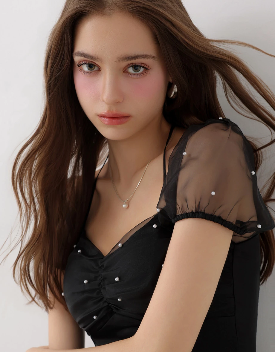 Pearl Embellished Sheer Puff Sleeve Halter Tie Padded Mini Dress