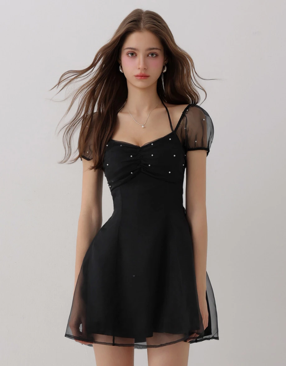 Pearl Embellished Sheer Puff Sleeve Halter Tie Padded Mini Dress Pearl Embellished Sheer Puff Sleeve Halter Tie Padded Mini Dress