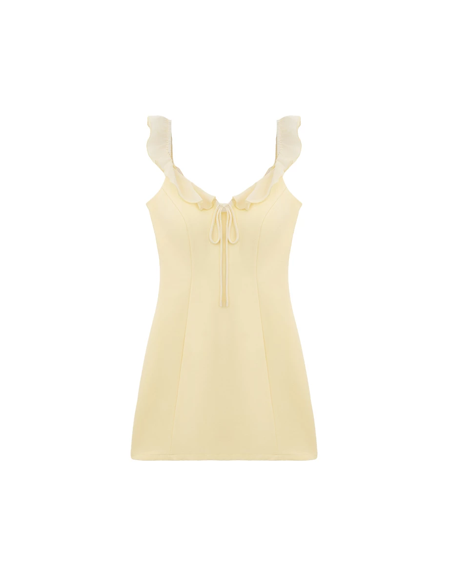 【Online Exclusive】Open Back Tie Detail Ruffled Neckline Padded Mini Dress