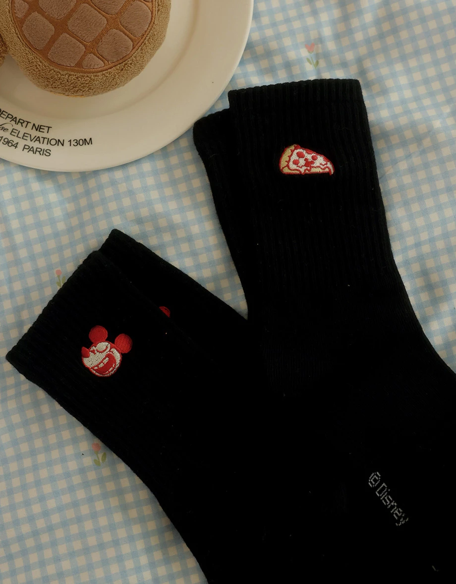 【迪士尼系列】刺繡圖案羅紋中筒襪