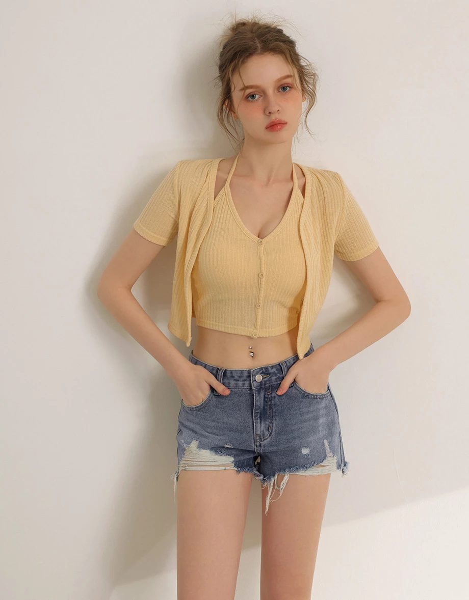 V領繞頸肩帶排扣BRA背心短袖開襟羅紋針織衫套裝