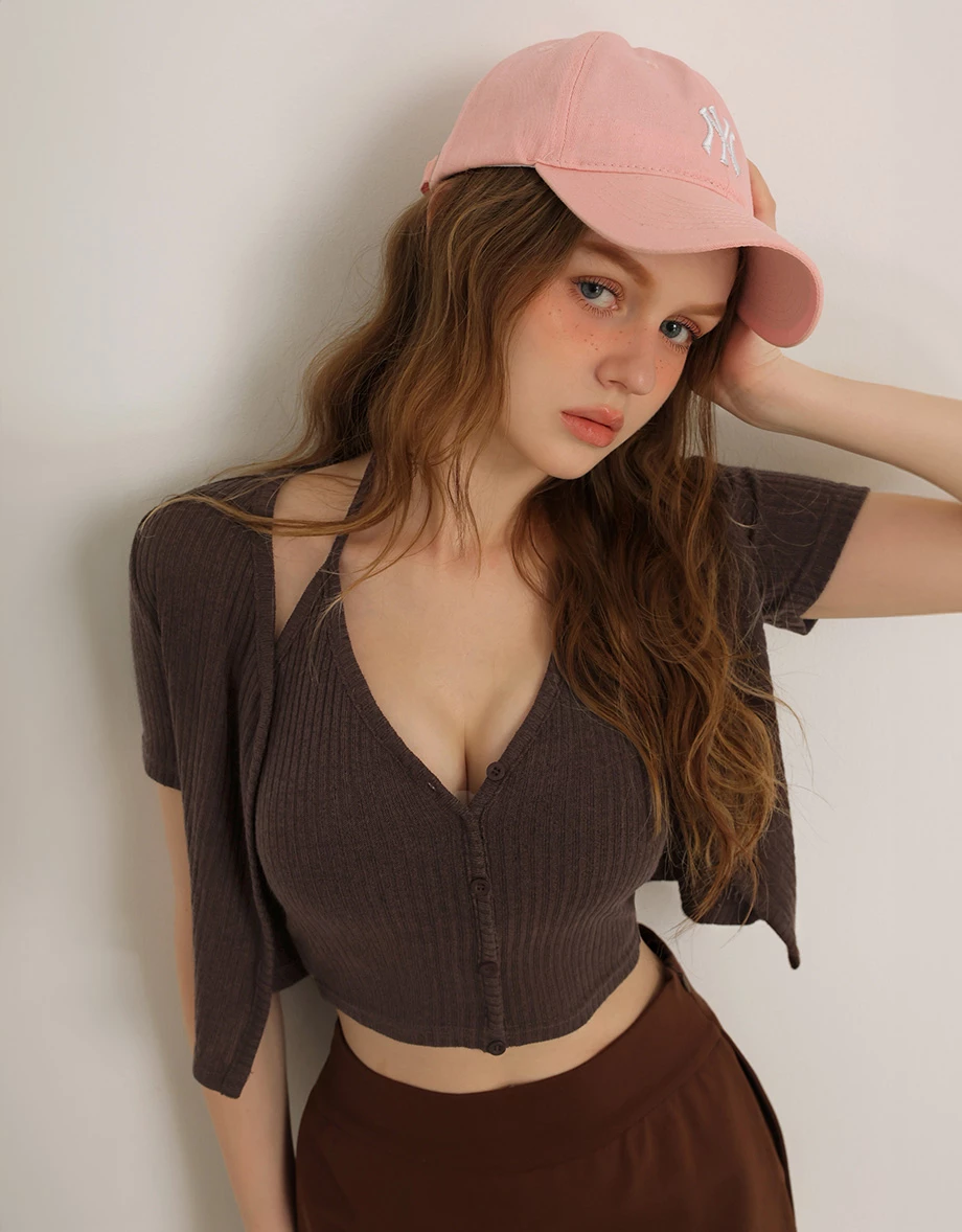 V領繞頸肩帶排扣BRA背心短袖開襟羅紋針織衫套裝