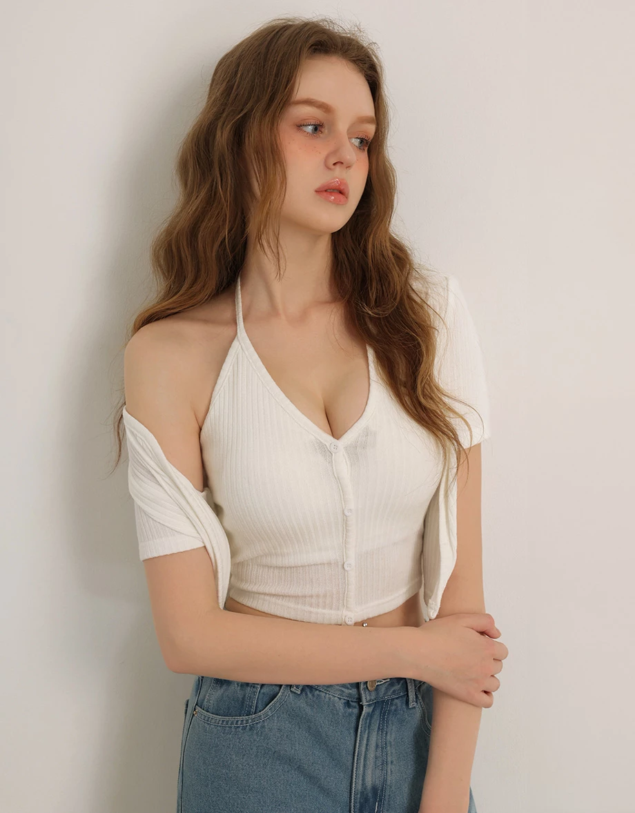 V領繞頸肩帶排扣BRA背心短袖開襟羅紋針織衫套裝