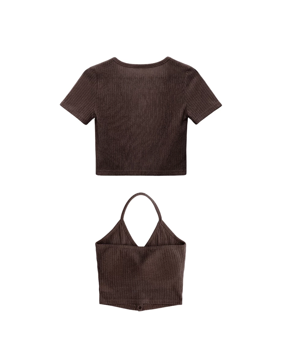 V領繞頸肩帶排扣BRA背心短袖開襟羅紋針織衫套裝