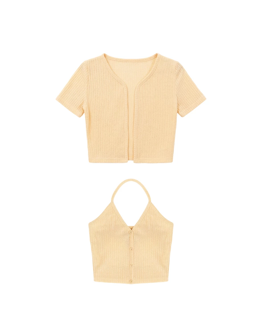 V領繞頸肩帶排扣BRA背心短袖開襟羅紋針織衫套裝