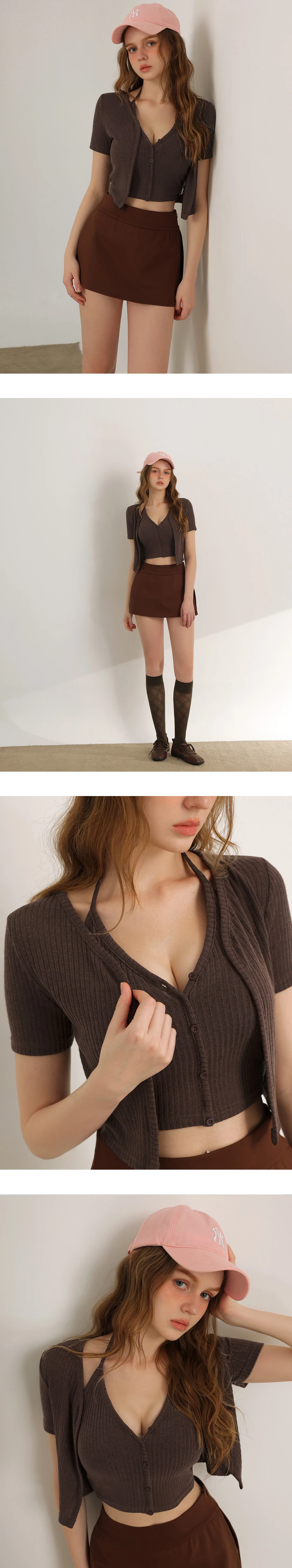 V領繞頸肩帶排扣BRA背心短袖開襟羅紋針織衫套裝