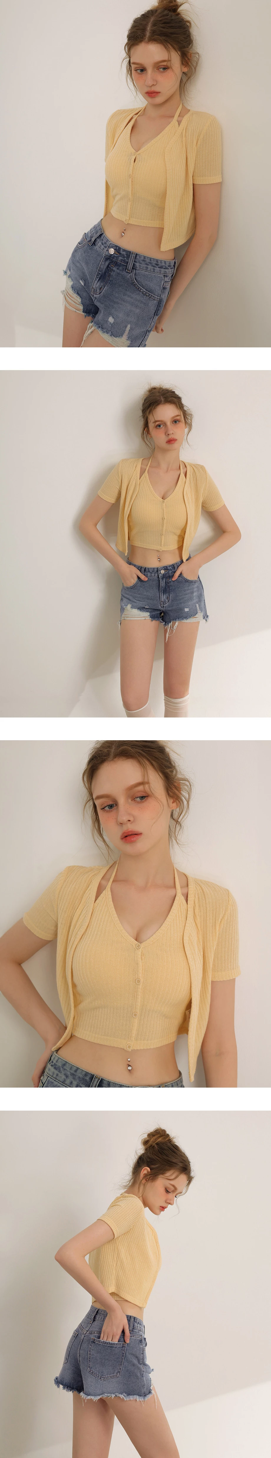 V領繞頸肩帶排扣BRA背心短袖開襟羅紋針織衫套裝