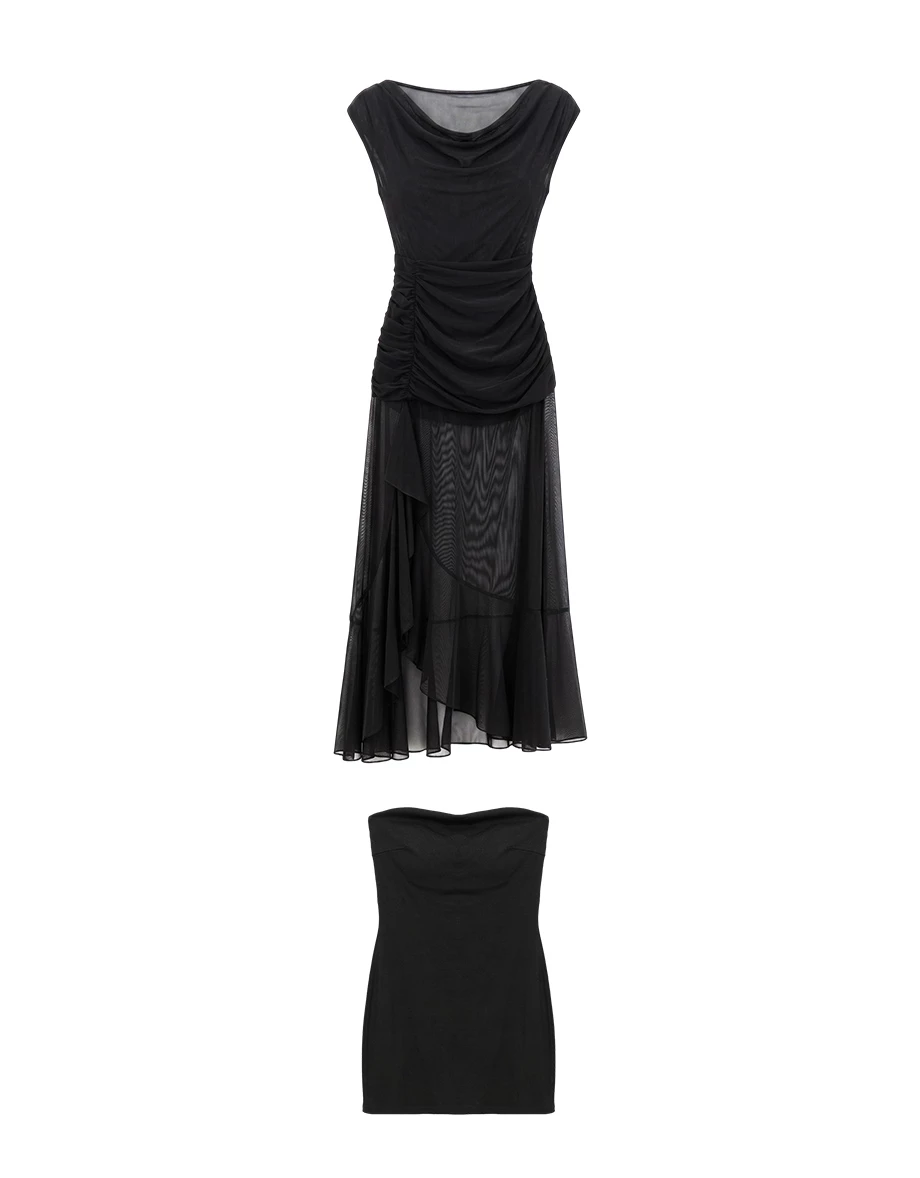 【ANN Design】Sheer Mesh Off Shoulder Ruched Padded Maxi Dress with Inner Tube Dress Set Wear