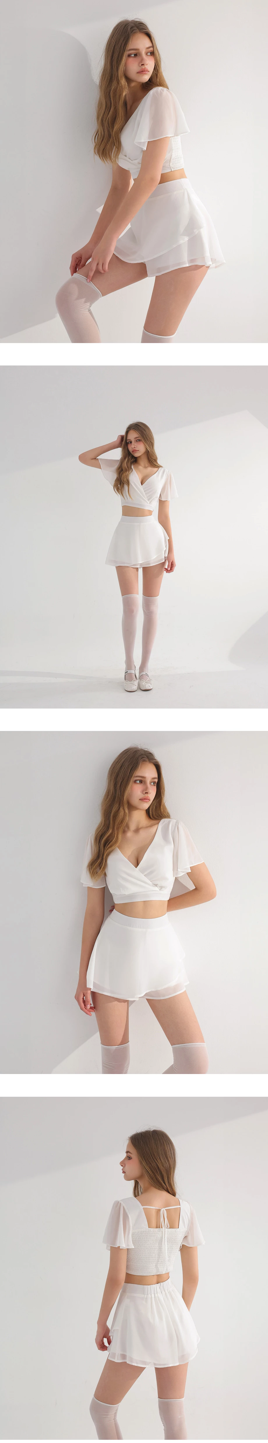Cross Front Flutter Sleeve Crop Top and Tiered Chiffon Shorts Set Wear Cross Front Flutter Sleeve Crop Top and Tiered Chiffon Shorts Set Wear