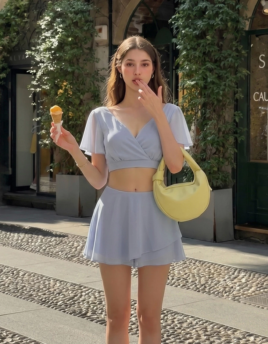 カシュクールVネックバックリボンフレアスリーブシフォンブラウス×フレア短パンセット カシュクールVネックバックリボンフレアスリーブシフォンブラウス×フレア短パンセット