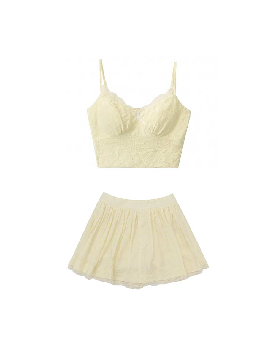 Lace Trim Bow Detail Padded Cami Bra Top and Gathered Lace Hem Skort Set Wear