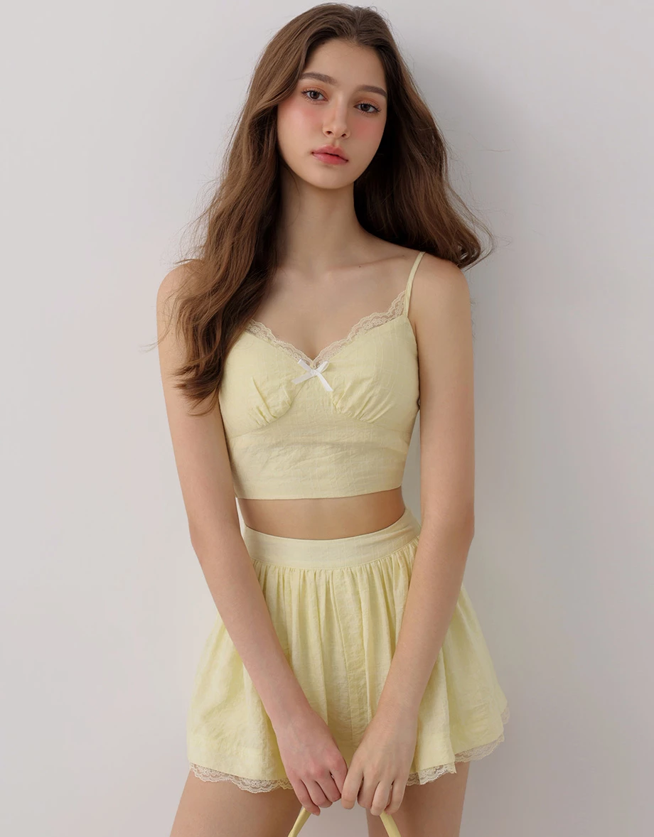 Lace Trim Bow Detail Padded Cami Bra Top and Gathered Lace Hem Skort Set Wear Lace Trim Bow Detail Padded Cami Bra Top and Gathered Lace Hem Skort Set Wear