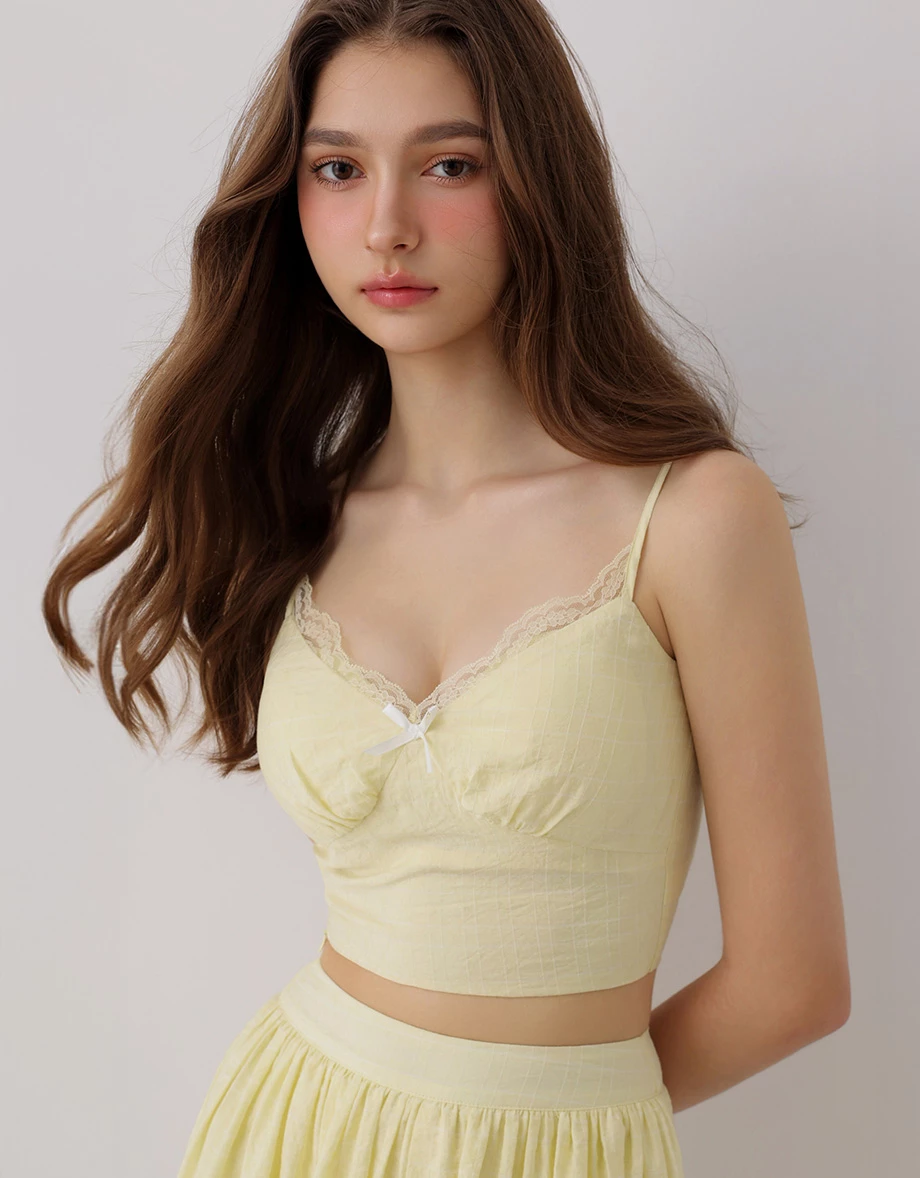 Lace Trim Bow Detail Padded Cami Bra Top and Gathered Lace Hem Skort Set Wear Lace Trim Bow Detail Padded Cami Bra Top and Gathered Lace Hem Skort Set Wear
