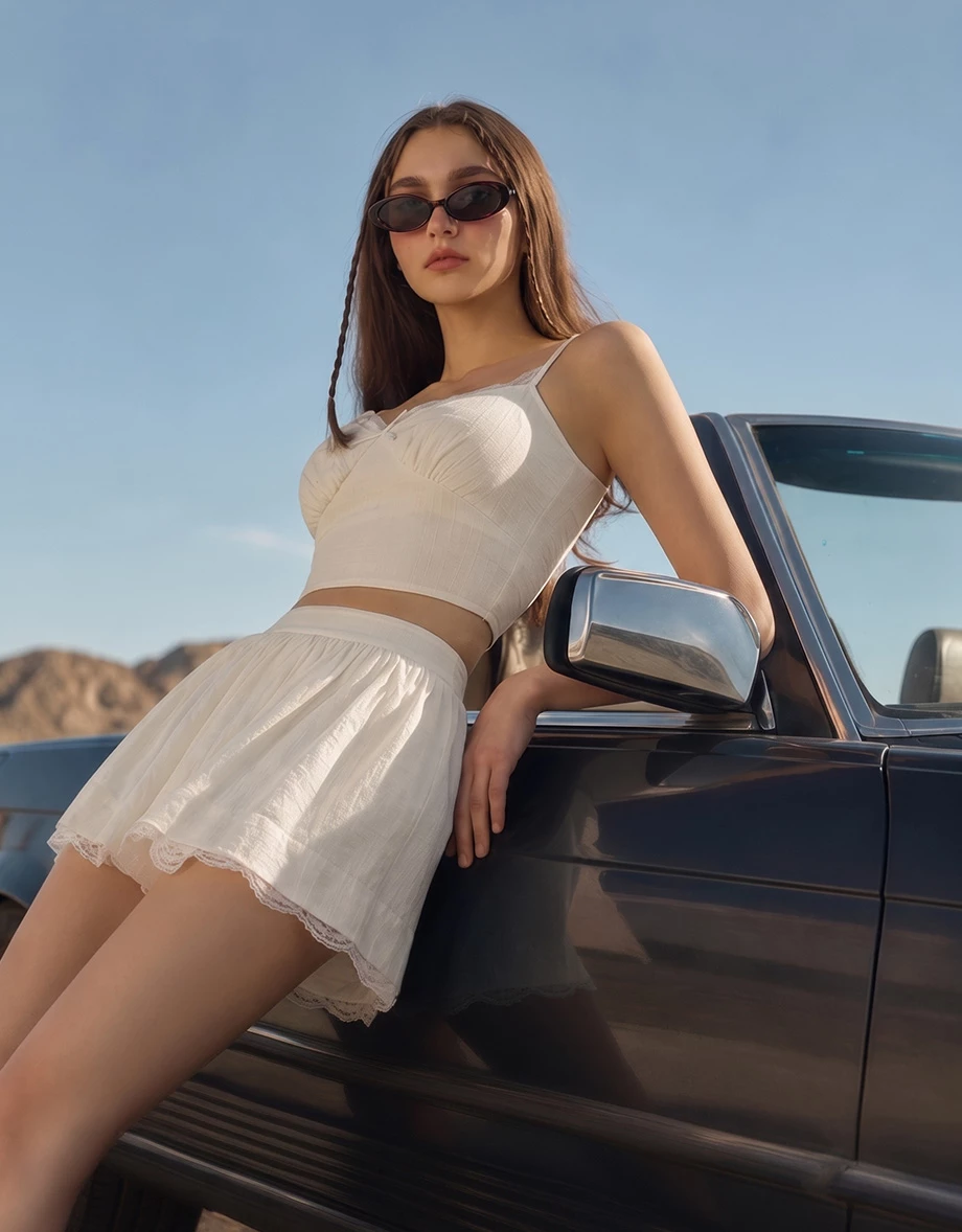 Lace Trim Bow Detail Padded Cami Bra Top and Gathered Lace Hem Skort Set Wear Lace Trim Bow Detail Padded Cami Bra Top and Gathered Lace Hem Skort Set Wear