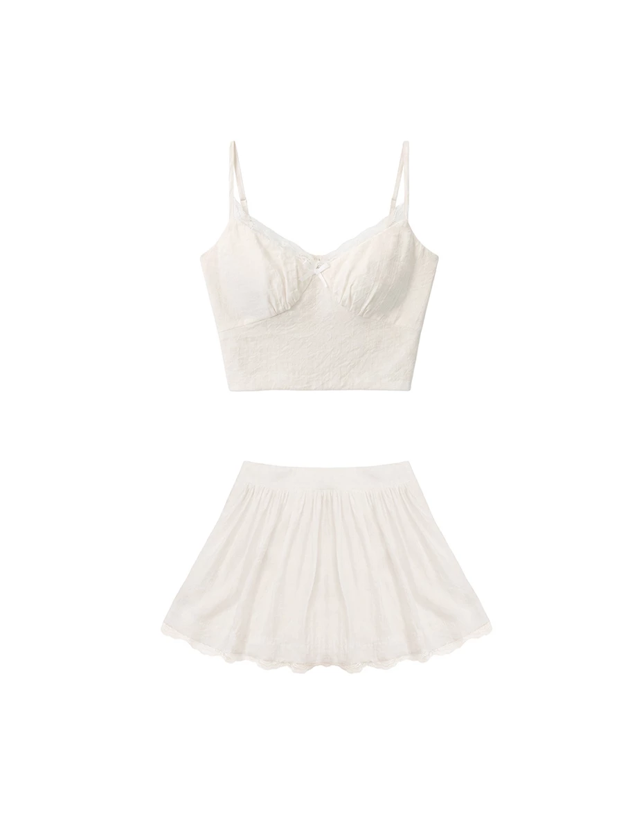 Lace Trim Bow Detail Padded Cami Bra Top and Gathered Lace Hem Skort Set Wear