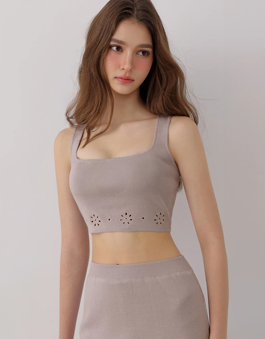 Square Neck Floral Eyelet Knit Crop Top and Matching Eyelet Mini Skirt Set Wear Square Neck Floral Eyelet Knit Crop Top and Matching Eyelet Mini Skirt Set Wear