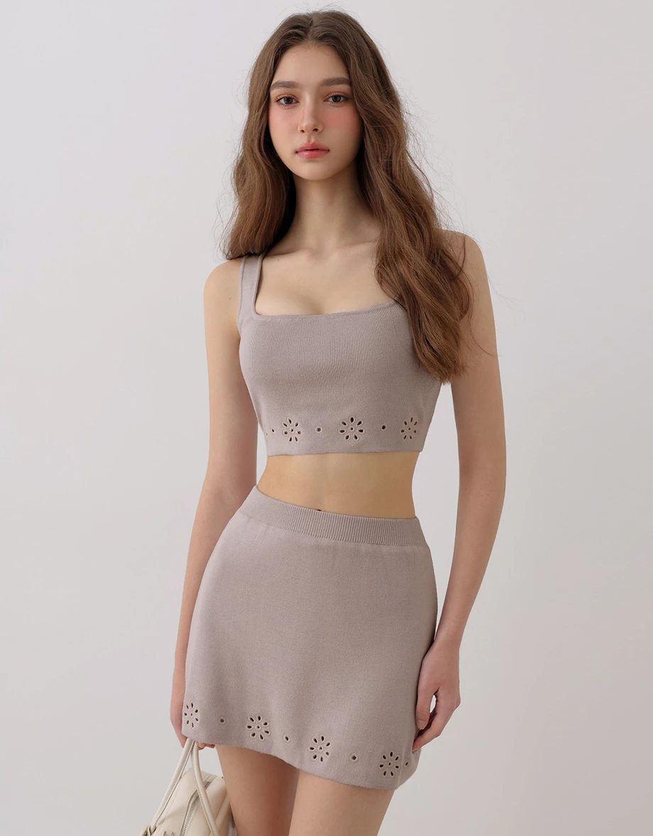 Square Neck Floral Eyelet Knit Crop Top and Matching Eyelet Mini Skirt Set Wear Square Neck Floral Eyelet Knit Crop Top and Matching Eyelet Mini Skirt Set Wear
