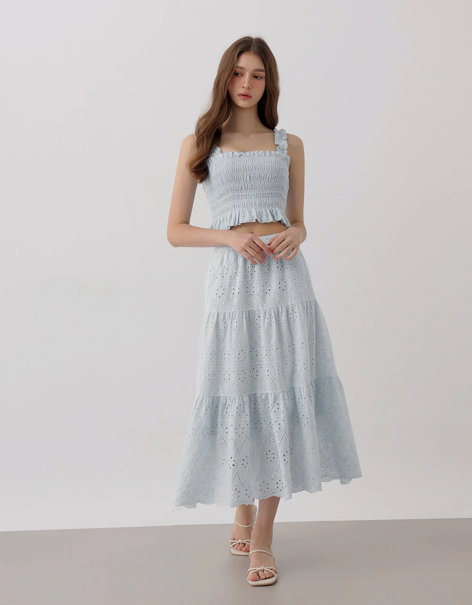Eyelet Embroidered Smocked Crop Top and Matching Tiered Maxi Skirt Set Wear Eyelet Embroidered Smocked Crop Top and Matching Tiered Maxi Skirt Set Wear