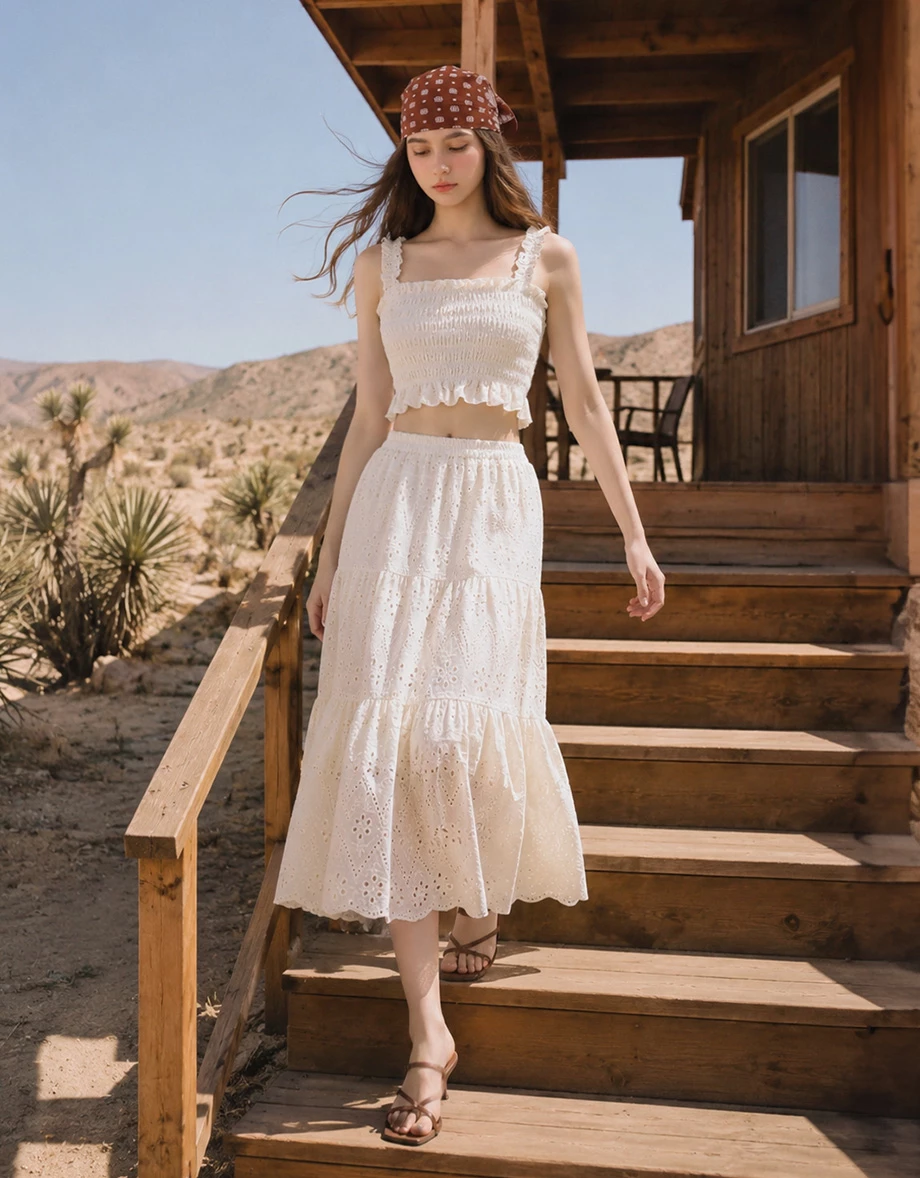 Eyelet Embroidered Smocked Crop Top and Matching Tiered Maxi Skirt Set Wear Eyelet Embroidered Smocked Crop Top and Matching Tiered Maxi Skirt Set Wear