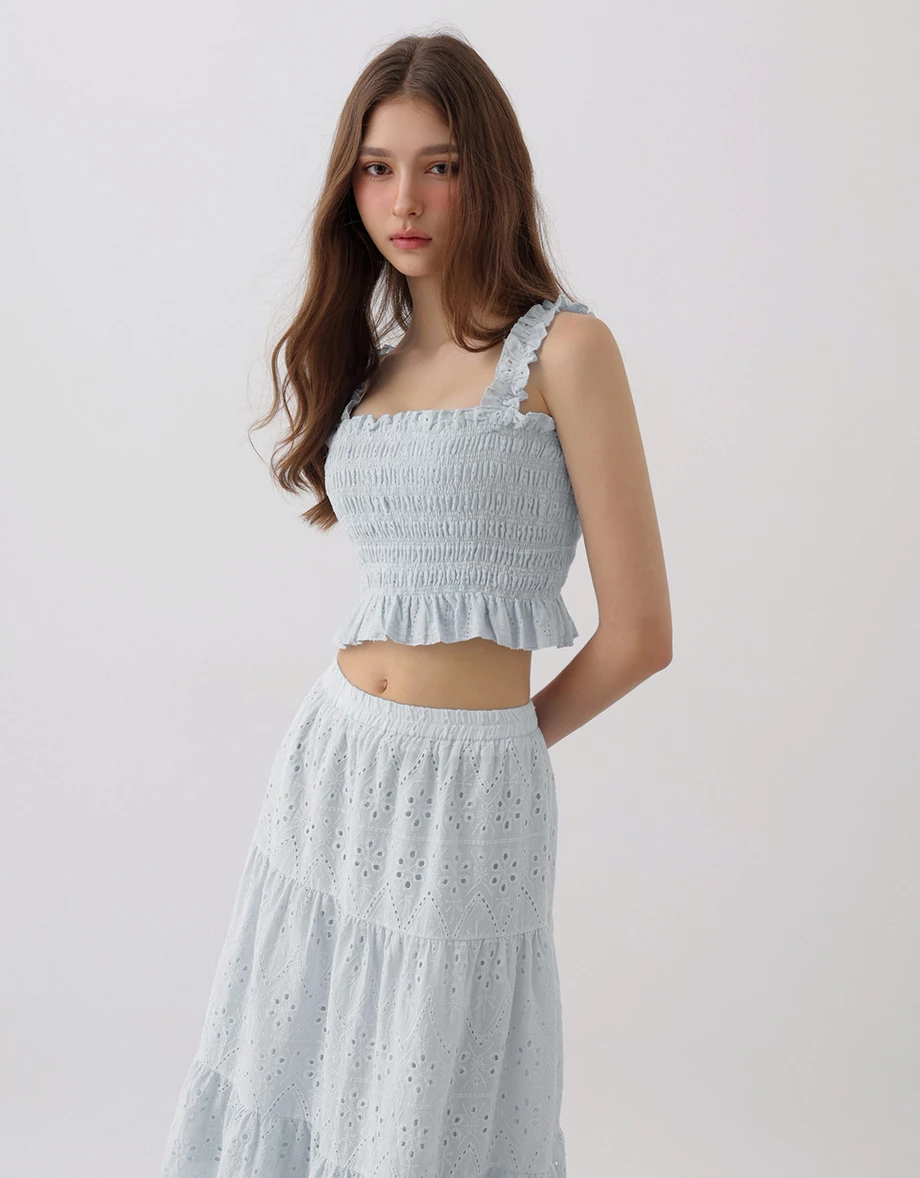 Eyelet Embroidered Smocked Crop Top and Matching Tiered Maxi Skirt Set Wear Eyelet Embroidered Smocked Crop Top and Matching Tiered Maxi Skirt Set Wear