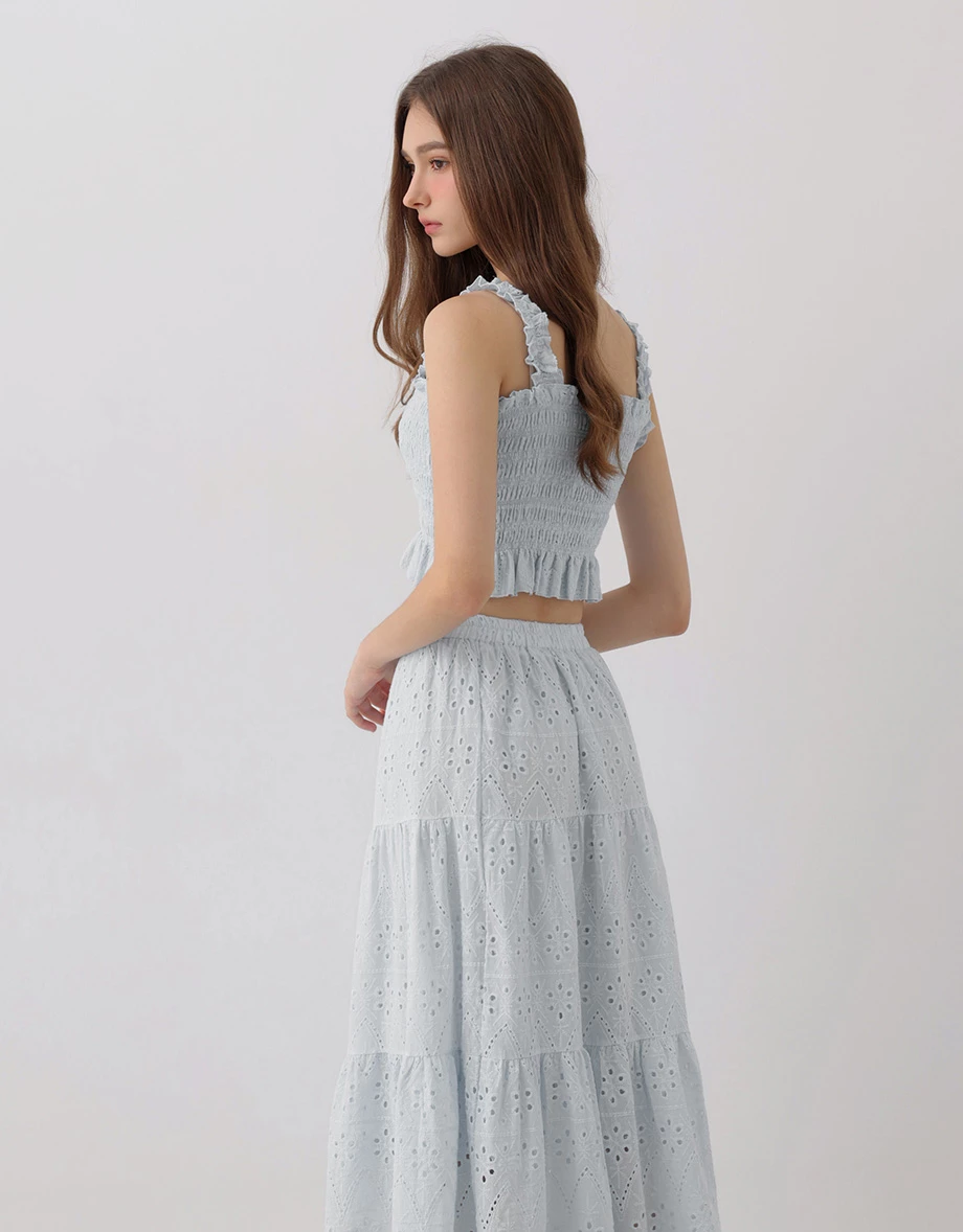 Eyelet Embroidered Smocked Crop Top and Matching Tiered Maxi Skirt Set Wear Eyelet Embroidered Smocked Crop Top and Matching Tiered Maxi Skirt Set Wear