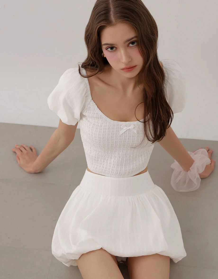 Smocked Puff Sleeve Bow Detail Crop Top and Bubble Mini Skirt Set Wear