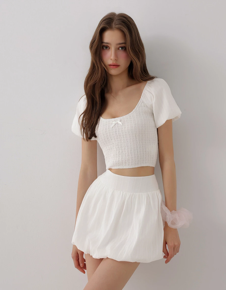 Smocked Puff Sleeve Bow Detail Crop Top and Bubble Mini Skirt Set Wear Smocked Puff Sleeve Bow Detail Crop Top and Bubble Mini Skirt Set Wear