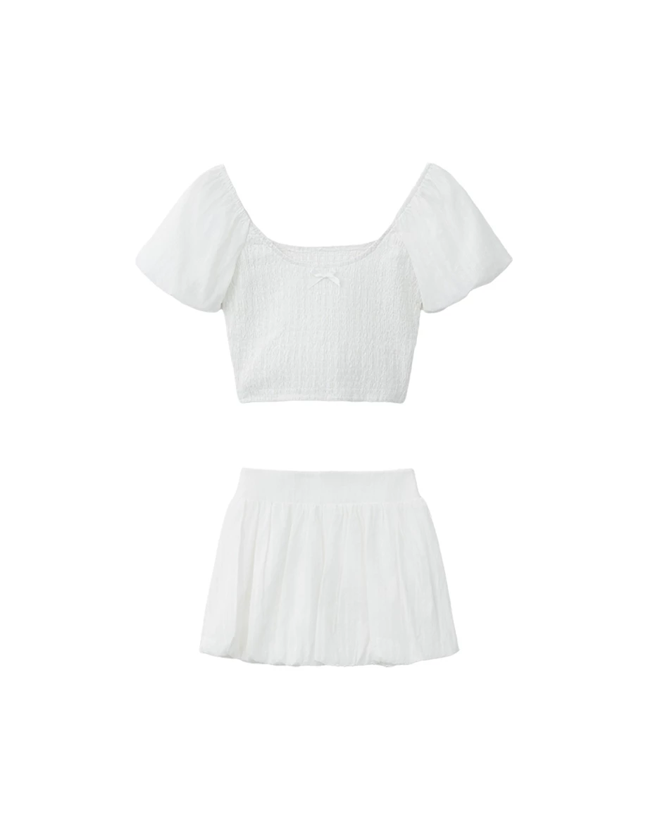 Smocked Puff Sleeve Bow Detail Crop Top and Bubble Mini Skirt Set Wear Smocked Puff Sleeve Bow Detail Crop Top and Bubble Mini Skirt Set Wear