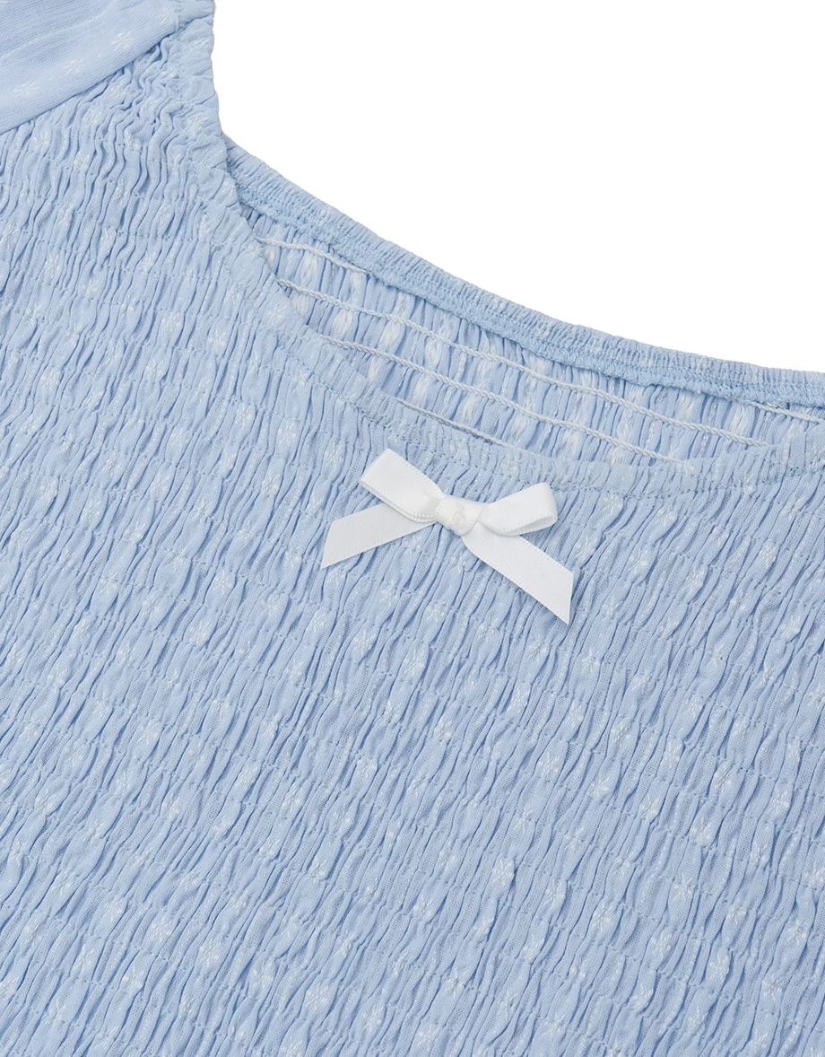 Smocked Puff Sleeve Bow Detail Crop Top and Bubble Mini Skirt Set Wear Smocked Puff Sleeve Bow Detail Crop Top and Bubble Mini Skirt Set Wear