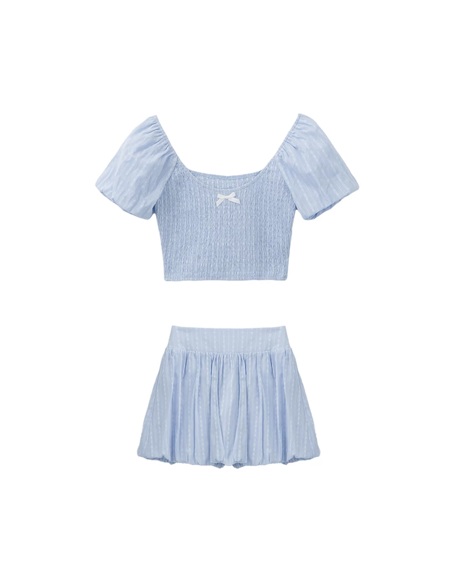 Smocked Puff Sleeve Bow Detail Crop Top and Bubble Mini Skirt Set Wear Smocked Puff Sleeve Bow Detail Crop Top and Bubble Mini Skirt Set Wear