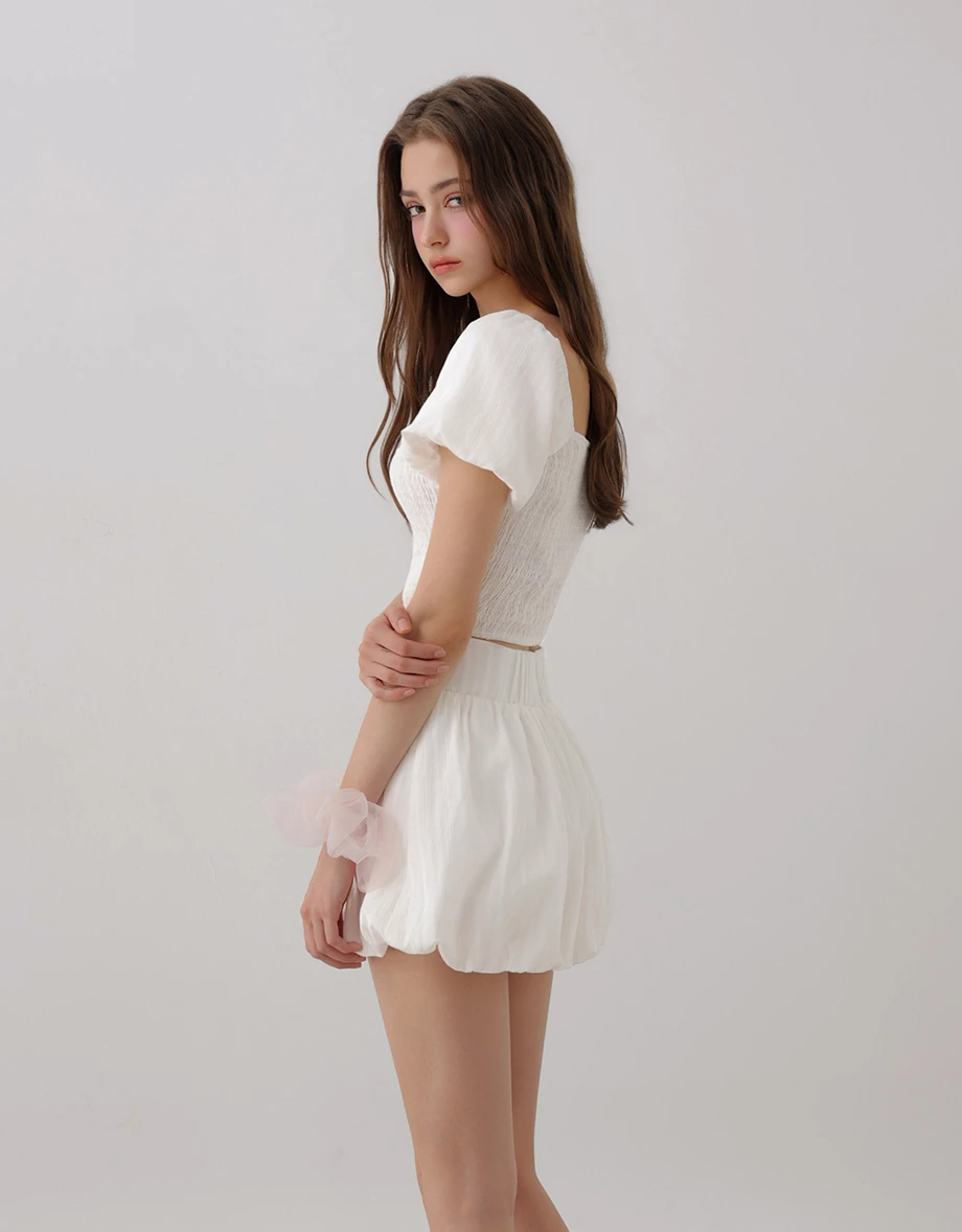 Smocked Puff Sleeve Bow Detail Crop Top and Bubble Mini Skirt Set Wear Smocked Puff Sleeve Bow Detail Crop Top and Bubble Mini Skirt Set Wear