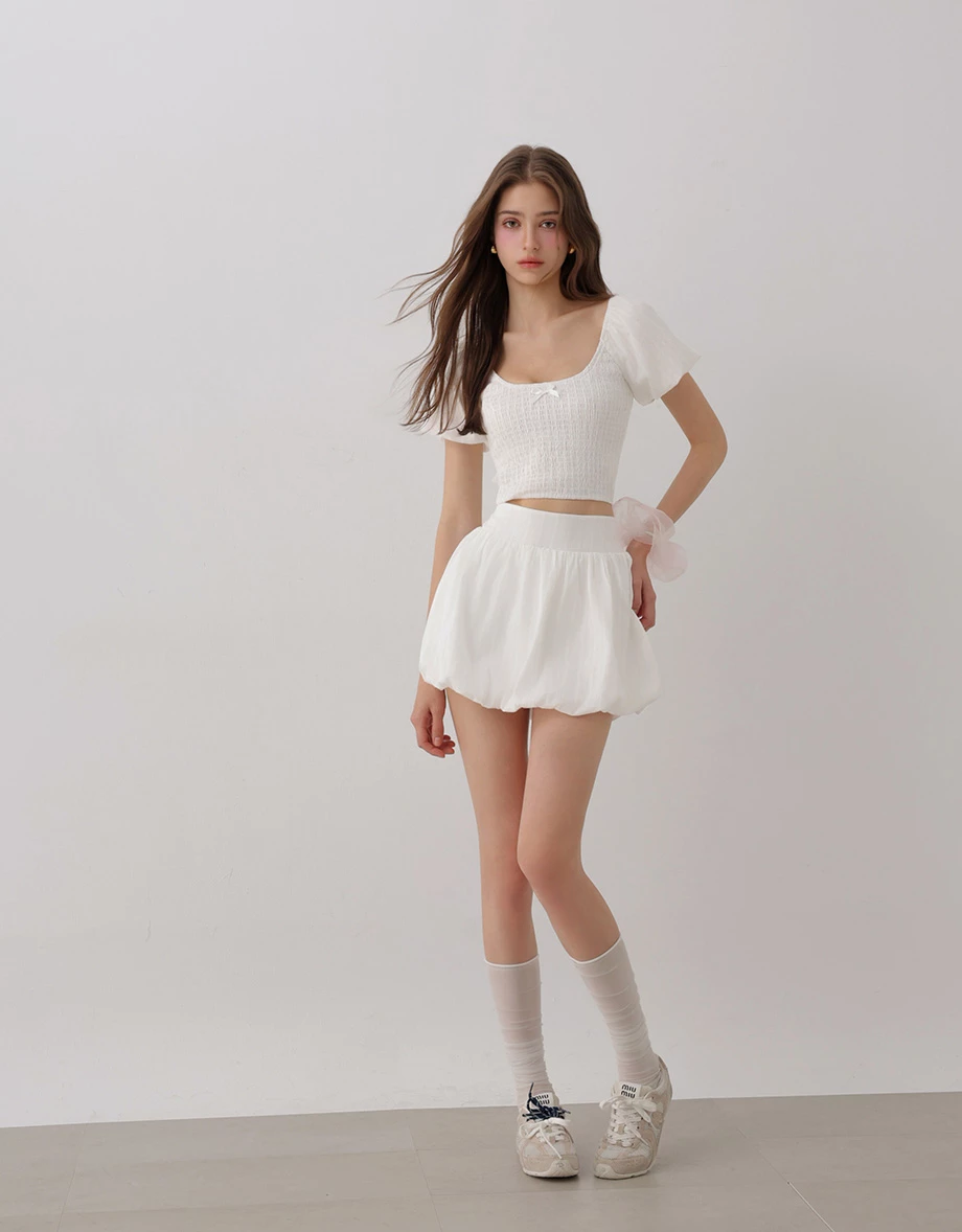 Smocked Puff Sleeve Bow Detail Crop Top and Bubble Mini Skirt Set Wear Smocked Puff Sleeve Bow Detail Crop Top and Bubble Mini Skirt Set Wear