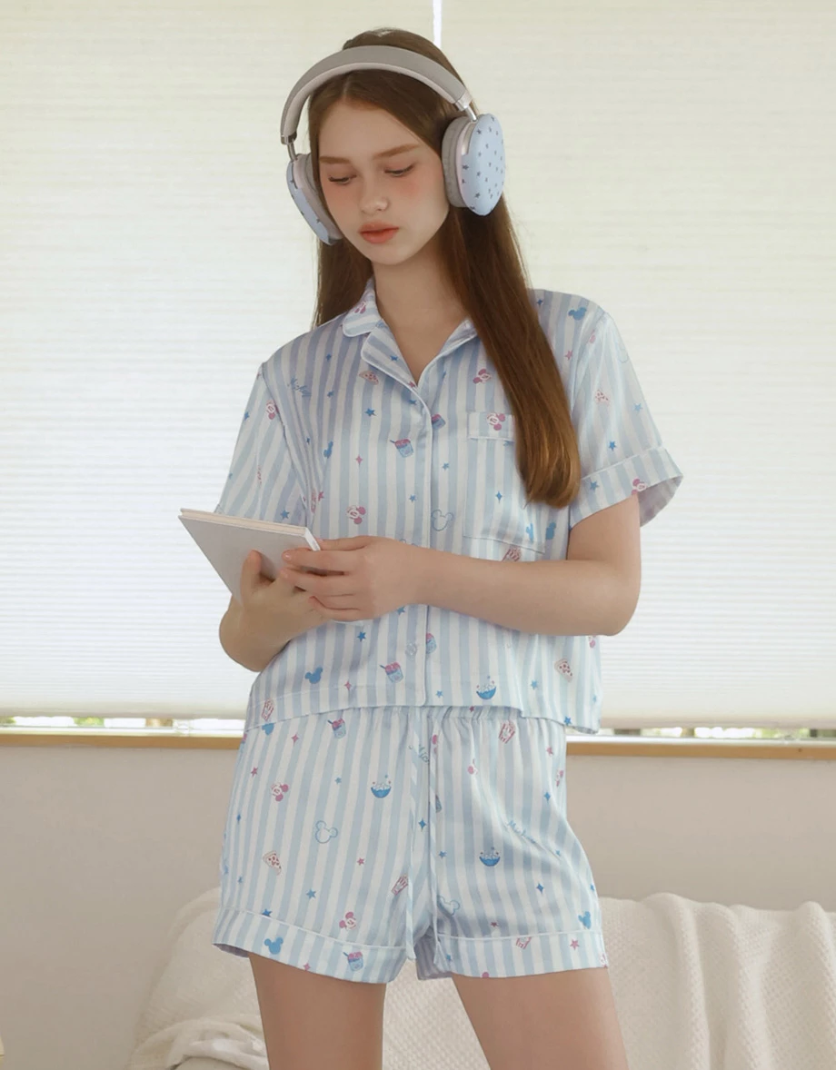 【迪士尼系列】滿版印花條紋短袖上衣短褲家居服套裝