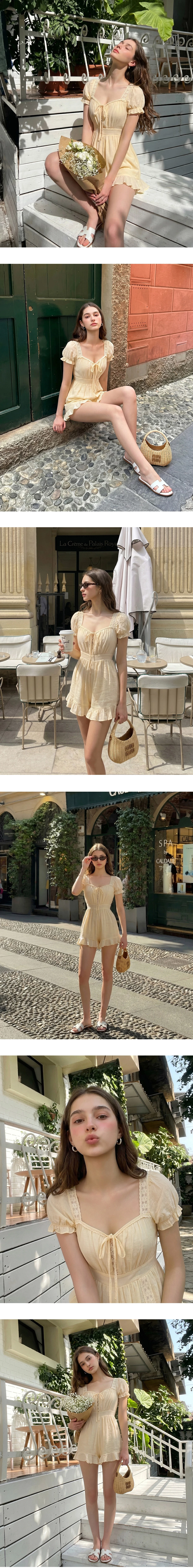 Sweetheart Neckline Tie Front Lace Trim Puff Sleeve Romper Sweetheart Neckline Tie Front Lace Trim Puff Sleeve Romper