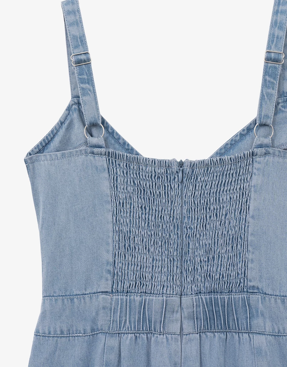 V Neck Smocked Back Pleated Wide Leg Jeans Denim Jumpsuit V Neck Smocked Back Pleated Wide Leg Jeans Denim Jumpsuit
